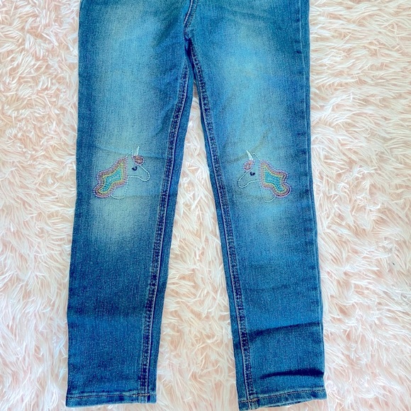 Cat & Jack Girls Unicorn Embroidered Knees Denim Blue Jeans Snap & Zip 6x - Picture 6 of 7